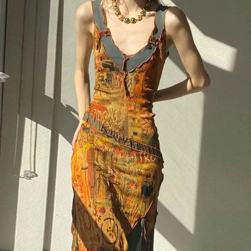 Fashion Vintage Oil Painting Slim Dresses Women's Elegant Folds V-Neck Patchwork Sleeveless Summer Tassel Irregular Midi Dress
Fashion Vintage Oil Painting Slim Dresses Women's Elegant Folds V-Neck Patchwork Sleeveless Summer Tassel Irregular Midi Dress