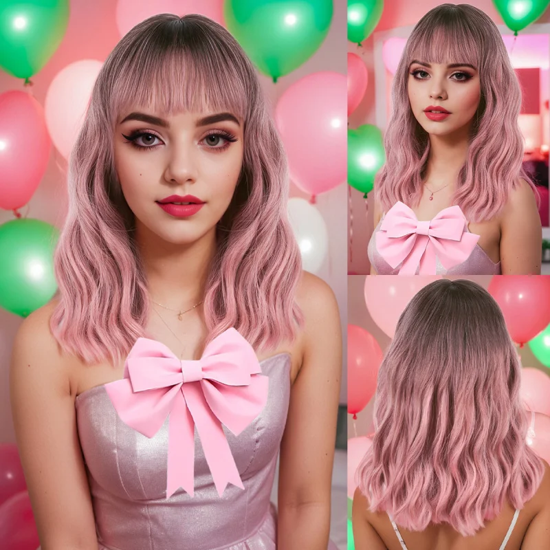 Girl's Pink European and American , Gradient Color, Straight Bangs, Medium-Length Curly Hair, Fashionable Cosplay Wig
Girl's Pink European and American , Gradient Color, Straight Bangs, Medium-Length Curly Hair, Fashionable Cosplay Wig