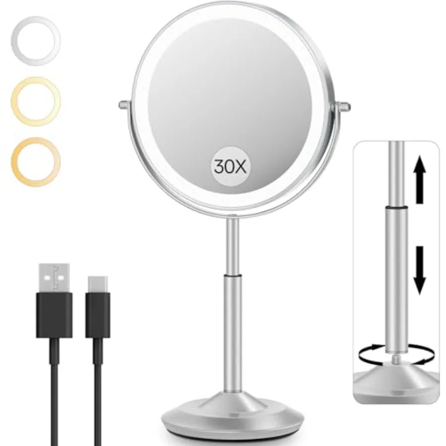 30X/1X Makeup Mirror with Lights, Height Adjustable Lighted Magnifying Vanity Mirror with 3 Lighting and Adjustable Brightness,
30X/1X Makeup Mirror with Lights, Height Adjustable Lighted Magnifying Vanity Mirror with 3 Lighting and Adjustable Brightness,