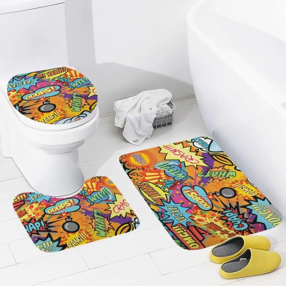 Bathroom three-piece set anime dialogue pop art style non-slip absorbent bath mat toilet seat and U-shaped contour rug
Bathroom three-piece set anime dialogue pop art style non-slip absorbent bath mat toilet seat and U-shaped contour rug