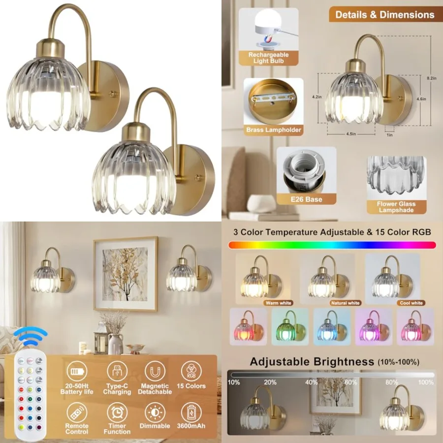Cordless Wall Sconce Sets of 2, Tulip Glass Shades Rechargeable Battery Operated Wall Sconce, Retro Flower Wall Lights Bathroom
Cordless Wall Sconce Sets of 2, Tulip Glass Shades Rechargeable Battery Operated Wall Sconce, Retro Flower Wall Lights Bathroom