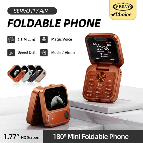 SERVO I17 Air Mini Flip Phone 2G Débloqué 1.77' Double SIM Numérotation rapide Voix magique Liste noire Radio FM Lampe de poche Téléphone portable pliable
