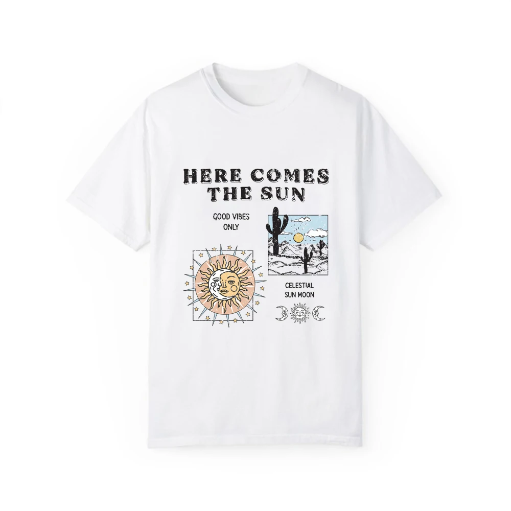 Here Comes The Sun Graphic Tee Celestial Sun Moon Desert Cactus Summer Fashion Vintage Casual Women T-Shirt Short Sleeves
Here Comes The Sun Graphic Tee Celestial Sun Moon Desert Cactus Summer Fashion Vintage Casual Women T-Shirt Short Sleeves