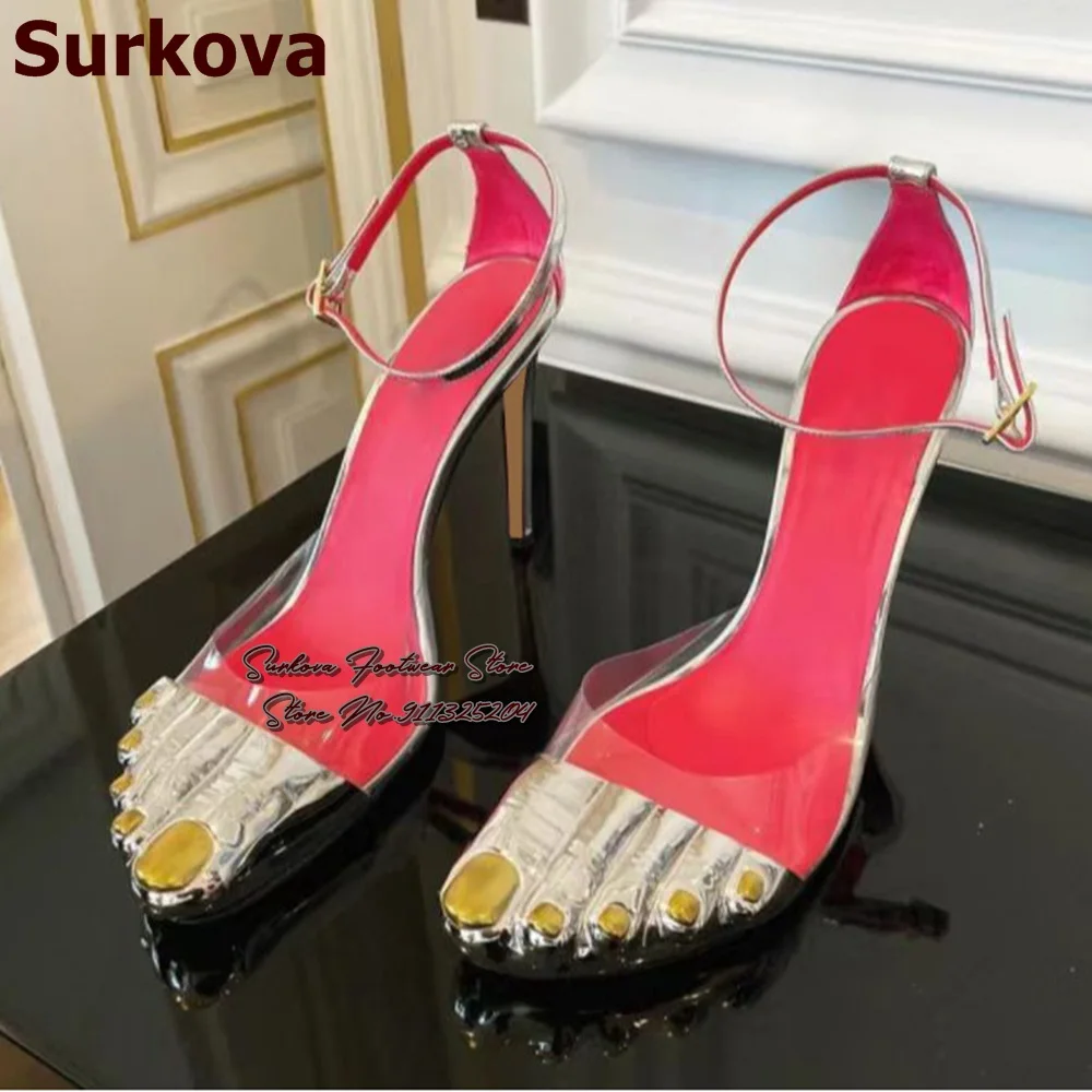 Surkova Gold Five Fingers Head Toe Dress Shoes Clear Pvc Color Patchwork Ankle Buckle Strap Sandals Metallic Banquet Pumps
Surkova Gold Five Fingers Head Toe Dress Shoes Clear Pvc Color Patchwork Ankle Buckle Strap Sandals Metallic Banquet Pumps