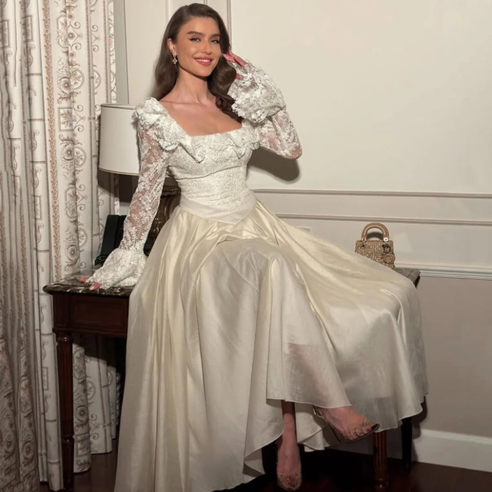 Customized ILLUSION Lace Square Collar A-line Chiffon Evening Dress Full Sleeves Drpaed Backless Floor Length Party Prom Gown
Customized ILLUSION Lace Square Collar A-line Chiffon Evening Dress Full Sleeves Drpaed Backless Floor Length Party Prom Gown