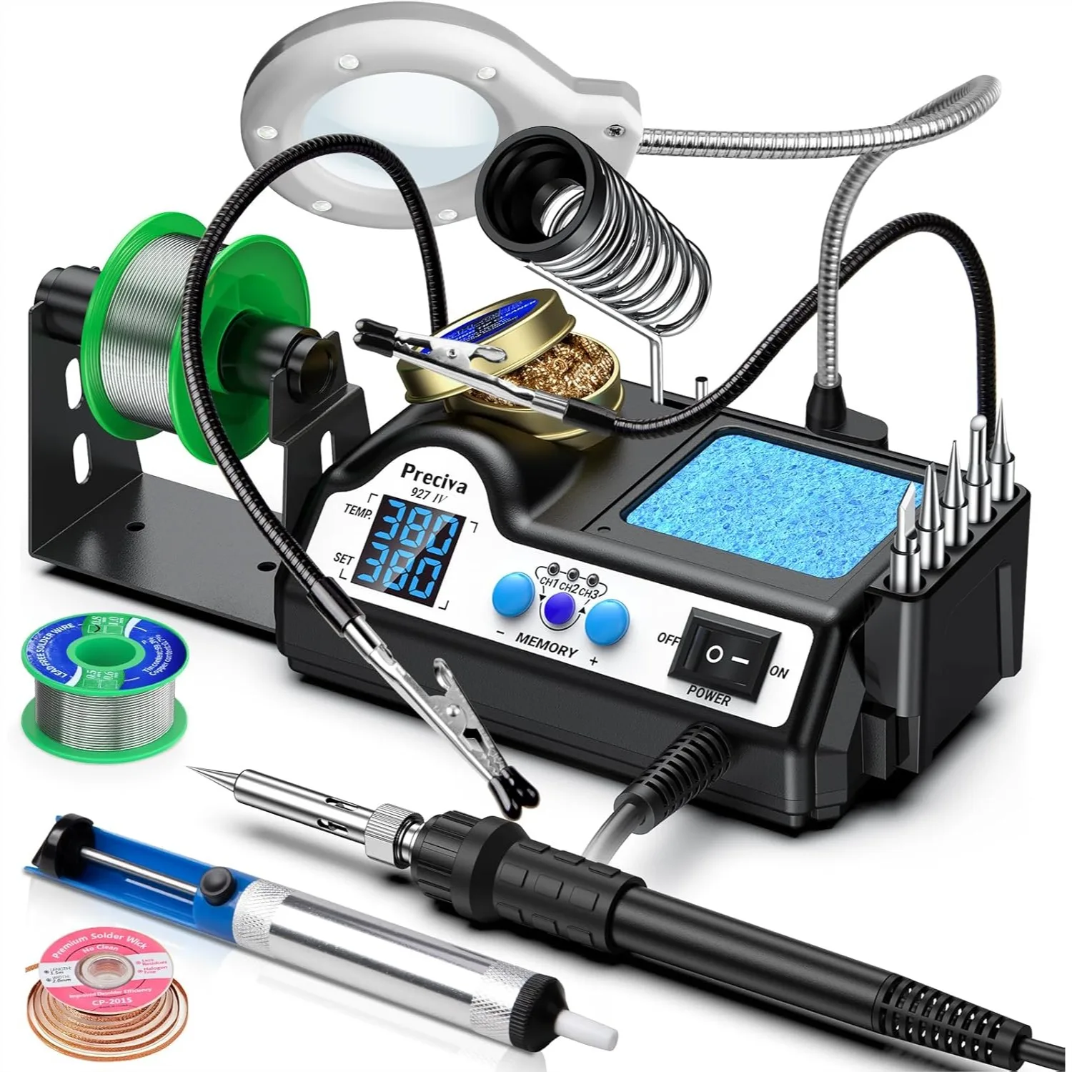 130W Soldering Station Kit With 2 Helping Hands And Magnifying Glass, 3 Preset Channels, Adjustable Temperature 194-896°F
130W Soldering Station Kit With 2 Helping Hands And Magnifying Glass, 3 Preset Channels, Adjustable Temperature 194-896°F
