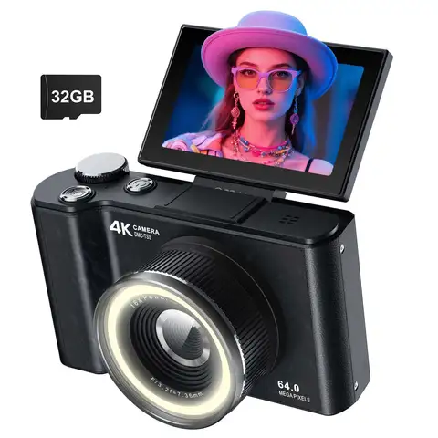 4K Digital Camera for Photography,4k Camera with Ring Light,180° Flip Screen Camera for Vlogging with Beauty Mode,Point and Shoot Digital Cameras for Beginner with SD Card,Christmas Gift