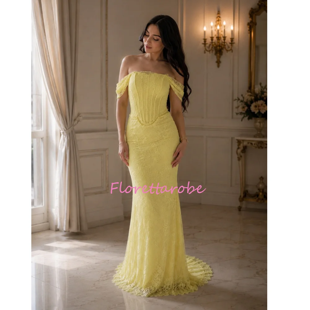 Customized Yellow Off Shoulder Lace Corset Formal Evening Gown vestidos de noche Mermaid Train Tail Prom Dress
Customized Yellow Off Shoulder Lace Corset Formal Evening Gown vestidos de noche Mermaid Train Tail Prom Dress