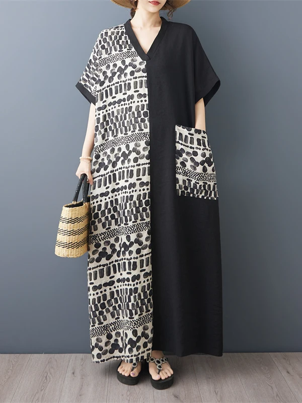 plus Size Long Cotton Linen V-Neck Short Sleeve Color Block Slimming Dress City Walk Artistic Style Loose Fit Summer Dress
plus Size Long Cotton Linen V-Neck Short Sleeve Color Block Slimming Dress City Walk Artistic Style Loose Fit Summer Dress