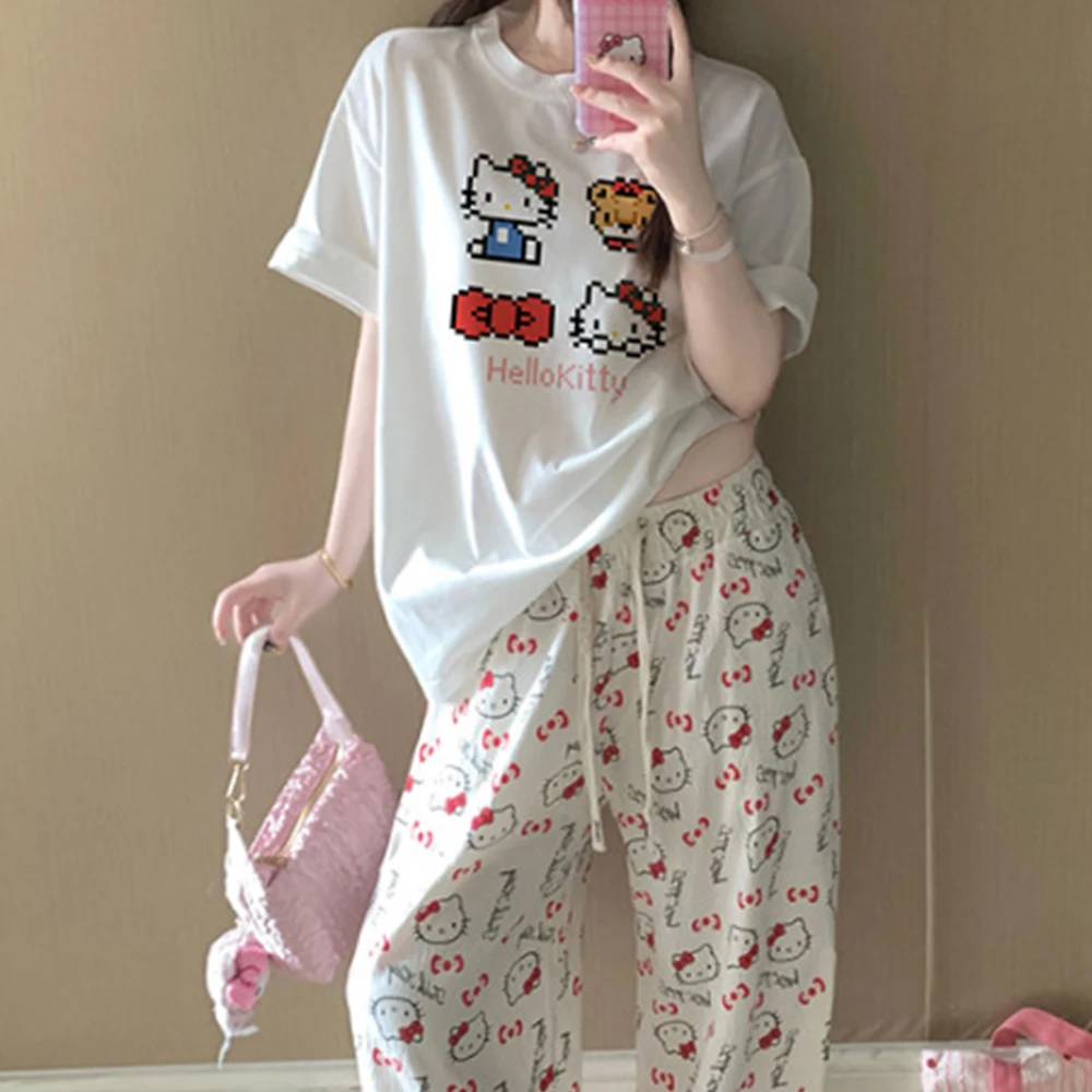 2Pcs Hello Kitty Cartoon Women's Short Sleeve T-Shirt Wide Leg Pants Sanrio Cute Y2K Sweet Loose Casual Cotton Fashion Homenwear
2Pcs Hello Kitty Cartoon Women's Short Sleeve T-Shirt Wide Leg Pants Sanrio Cute Y2K Sweet Loose Casual Cotton Fashion Homenwear
