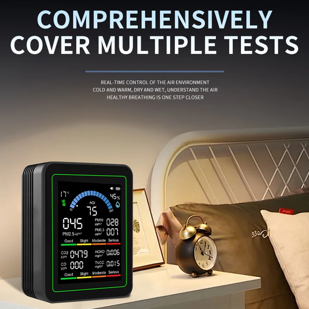 Детектор температуры, влажности и качества воздуха 10-в-1: монитор углекислого газа, PM0.3, PM1.0, PM2.5, PM10, детектор формальдегида
Детектор температуры, влажности и качества воздуха 10-в-1: монитор углекислого газа, PM0.3, PM1.0, PM2.5, PM10, детектор формальдегида