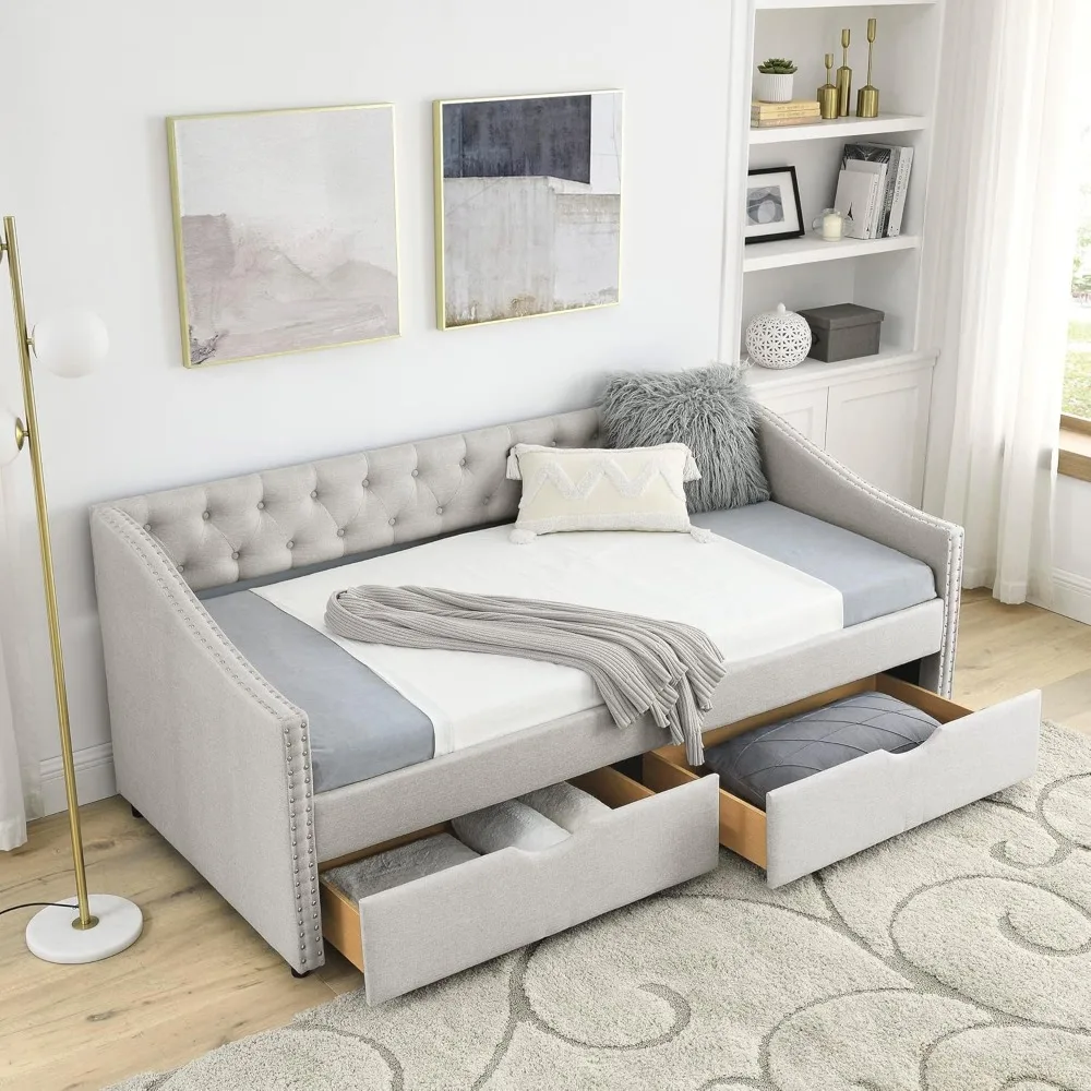 Upholstered Twin Daybed with Two Storage Drawers, Twin Size Button Tufted Sofa Bed Daybed with Nailhead Trim and Wood Slat Suppo
Upholstered Twin Daybed with Two Storage Drawers, Twin Size Button Tufted Sofa Bed Daybed with Nailhead Trim and Wood Slat Suppo