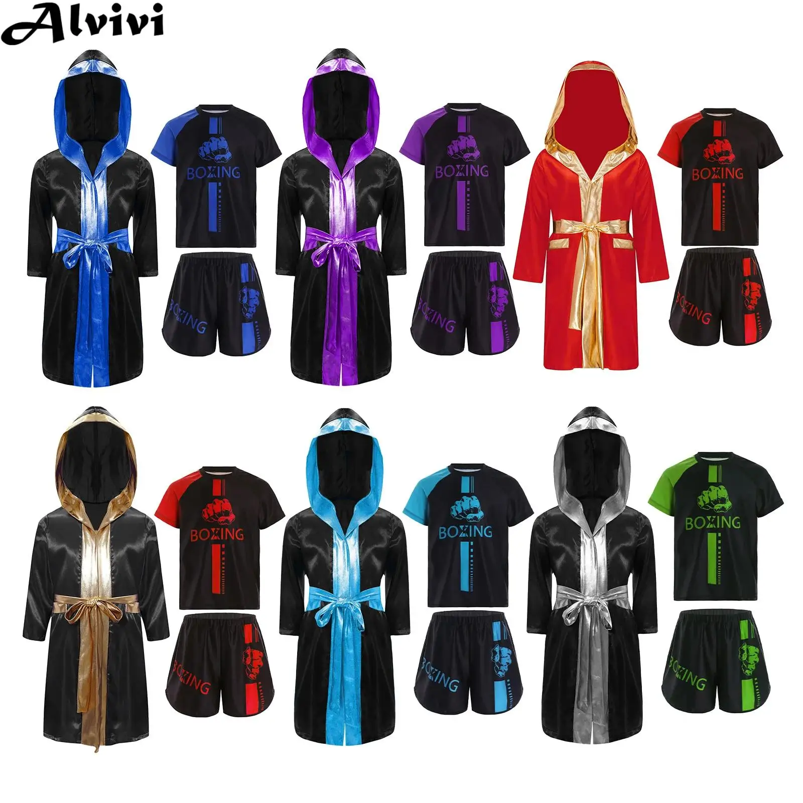 Детский костюм для тренировок по боксу на Хэллоуин: атласный халат с капюшоном и длинными рукавами, пояс, футболка, шорты
Детский костюм для тренировок по боксу на Хэллоуин: атласный халат с капюшоном и длинными рукавами, пояс, футболка, шорты