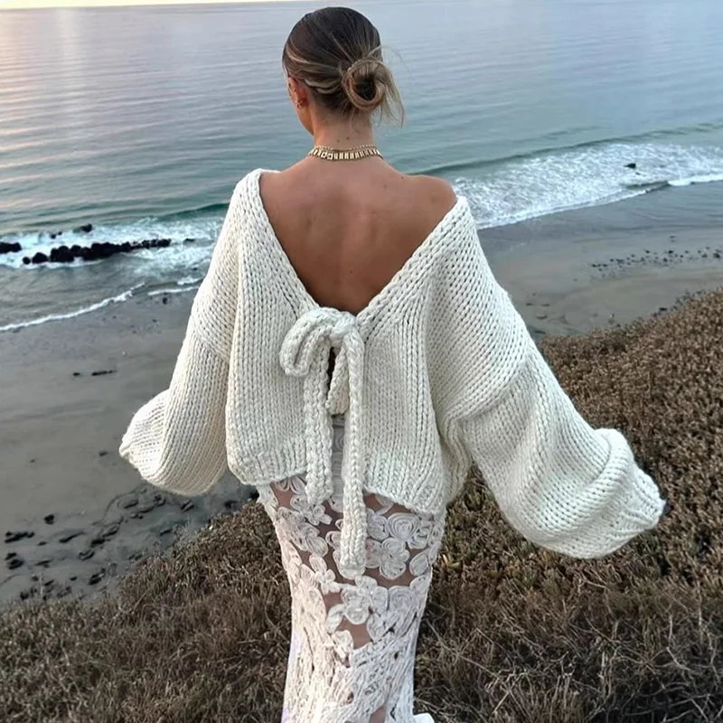Tornova Backless Bows Lace Up Cardigan Sweater For Women Heavy Yarn Fashion Loose Short Outwear White Two Wears Knitted Cardigan
Tornova Backless Bows Lace Up Cardigan Sweater For Women Heavy Yarn Fashion Loose Short Outwear White Two Wears Knitted Cardigan