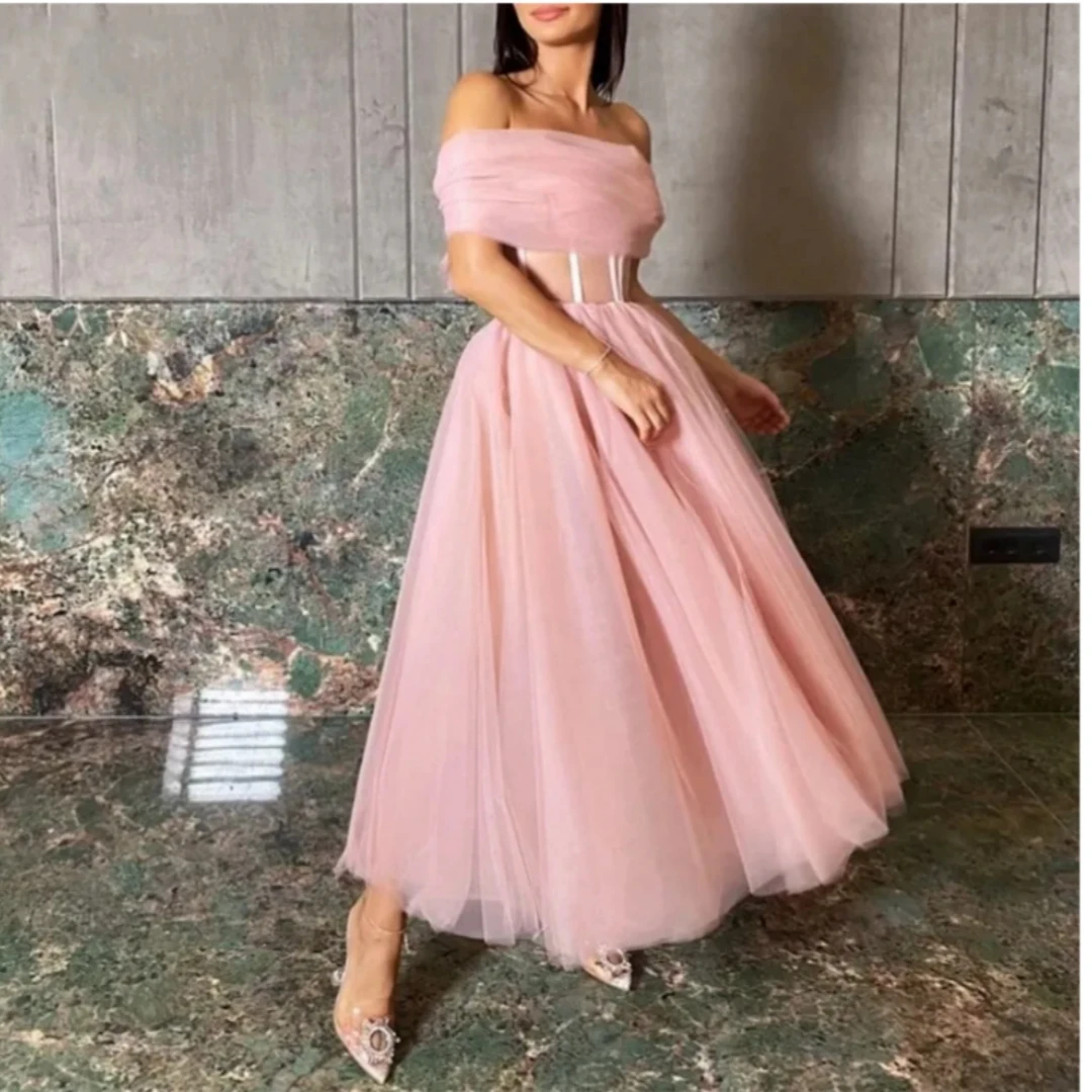 2024 Light Pink Evening Dress Off Shoulder Boat Neck Classic A-Line Tea-Length Tulle Prom Formal Party Gowns Robe De Soiree
2024 Light Pink Evening Dress Off Shoulder Boat Neck Classic A-Line Tea-Length Tulle Prom Formal Party Gowns Robe De Soiree