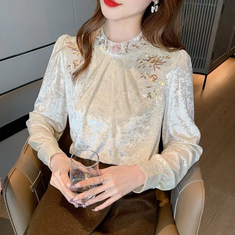 French Style Autumn Winter Women's Golden Velvet Mock Neck Patchwork Simplicity Office Lady Long Sleeve Loose Shirts Top LX602
French Style Autumn Winter Women's Golden Velvet Mock Neck Patchwork Simplicity Office Lady Long Sleeve Loose Shirts Top LX602