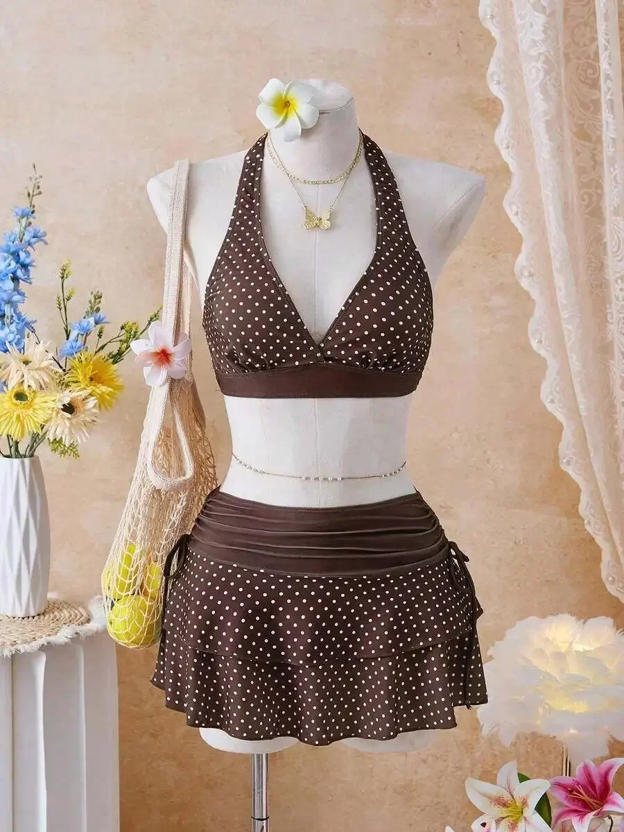 Brown Polka Dot Halter Triangle Bikini Top With Skirt Set Beach Resort Wear
Brown Polka Dot Halter Triangle Bikini Top With Skirt Set Beach Resort Wear
