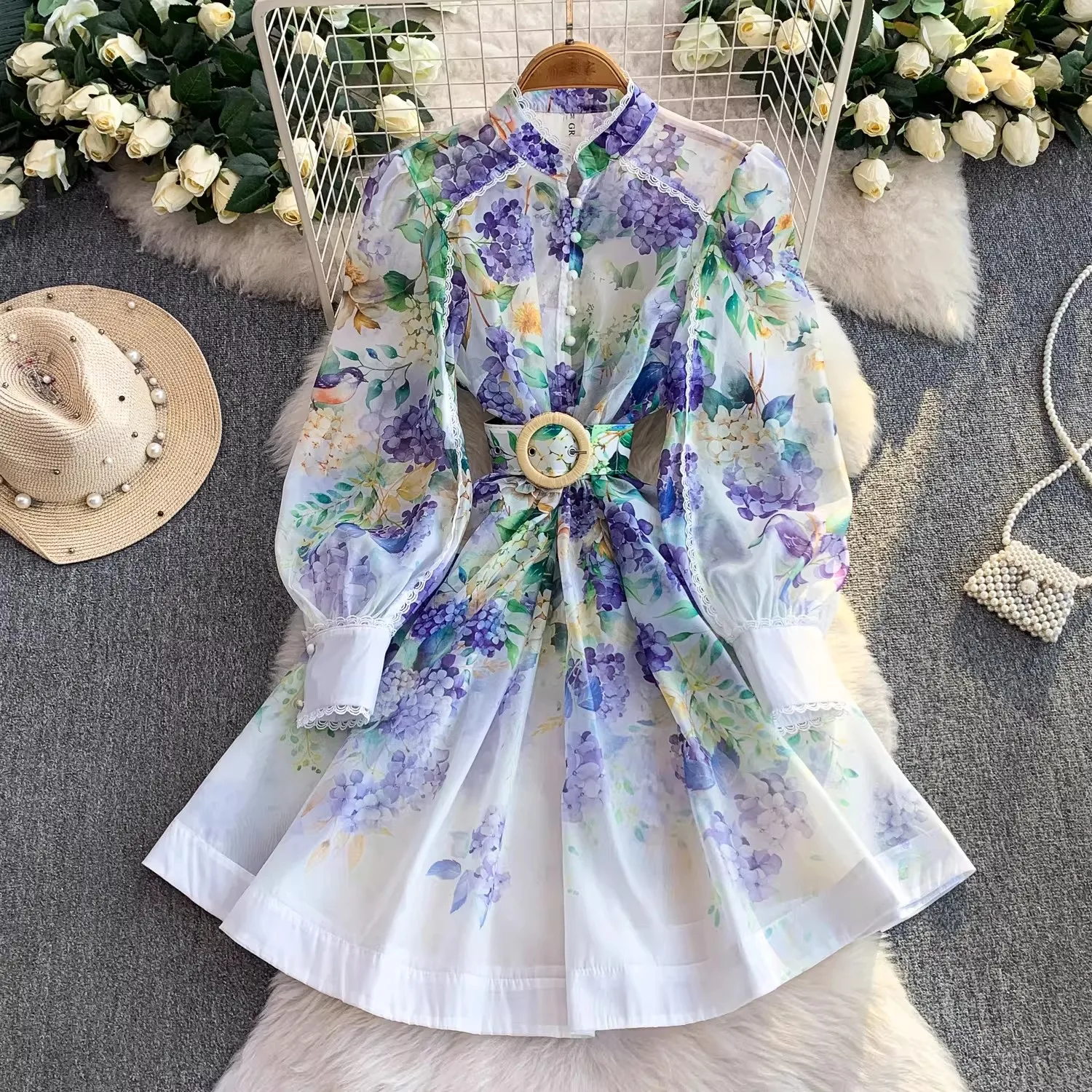 Women Casual Clothing Spring Summer Runway Fashion Flower Print Vintage Dress Stand Neck Long Lantern Sleeve Belted Mini Dress
Women Casual Clothing Spring Summer Runway Fashion Flower Print Vintage Dress Stand Neck Long Lantern Sleeve Belted Mini Dress