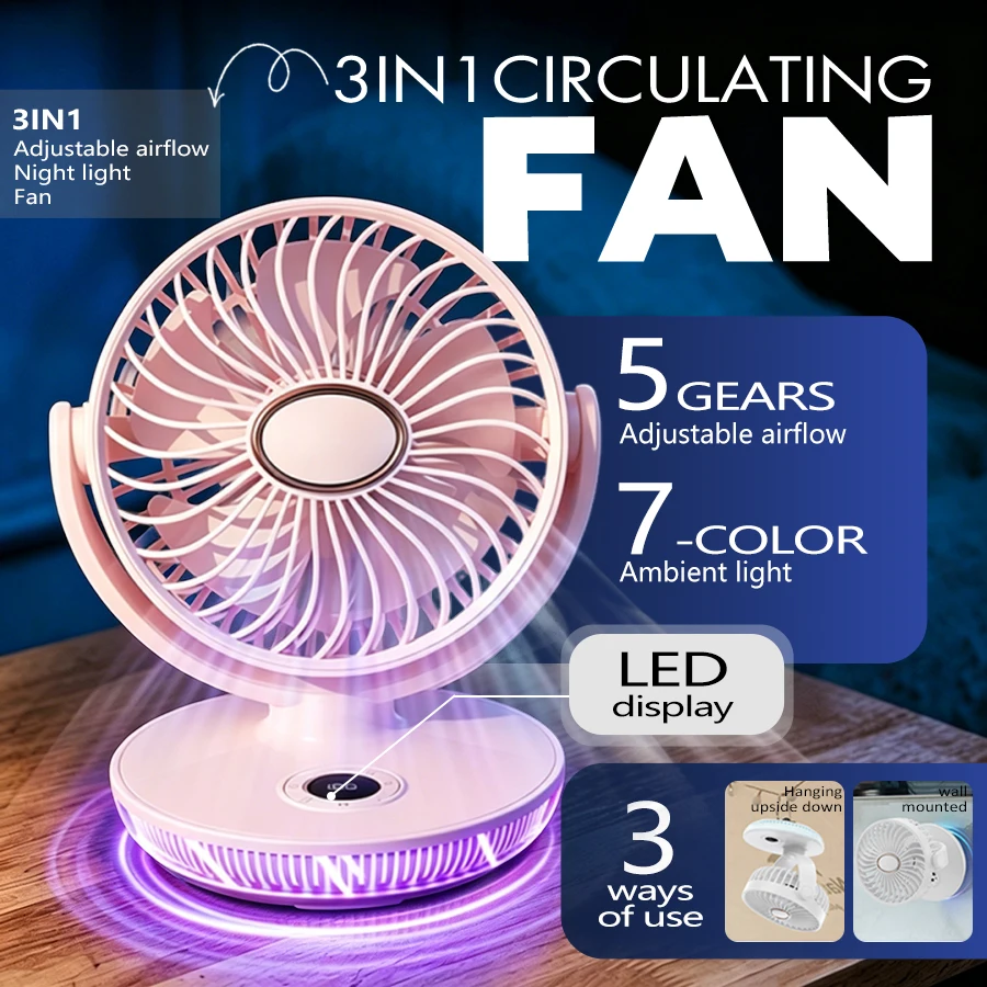 3-in-1 Portable Fan, 5 Speeds, 7 Color Night Light, 1-8H Timer, LED Display, Wall Mounted Fan, Quiet Powerful for Home Office
3-in-1 Portable Fan, 5 Speeds, 7 Color Night Light, 1-8H Timer, LED Display, Wall Mounted Fan, Quiet Powerful for Home Office
