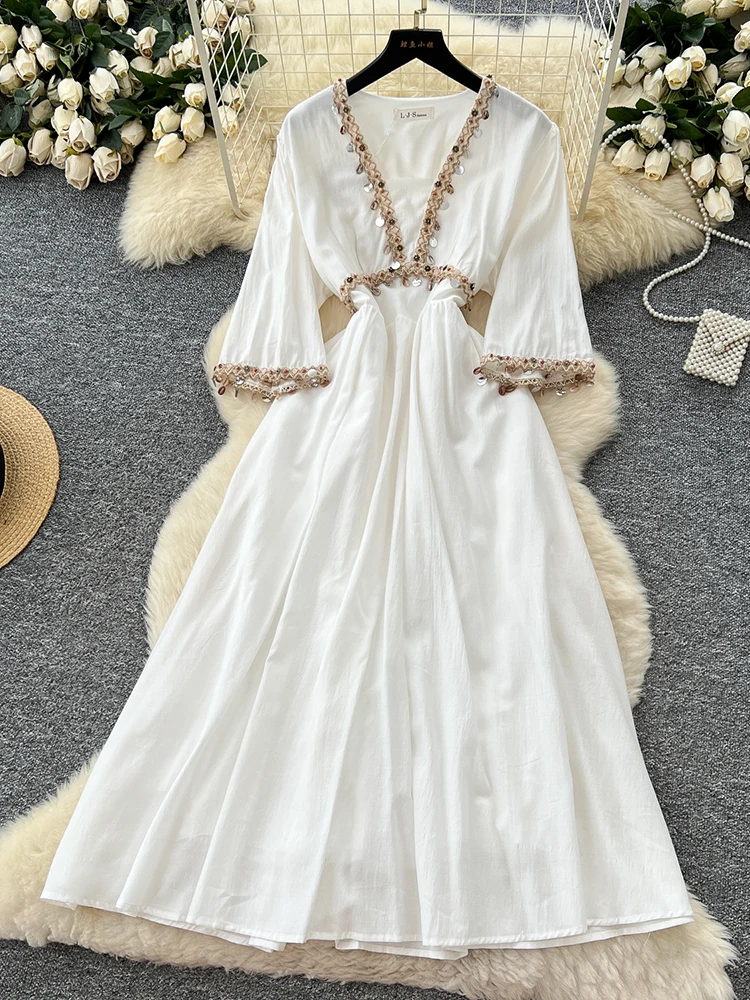 2025 Summer New Women's Vacation Dress White Apricot Artistic Vintage Weaving Sequin Tassel Elegant Dress D37
2025 Summer New Women's Vacation Dress White Apricot Artistic Vintage Weaving Sequin Tassel Elegant Dress D37