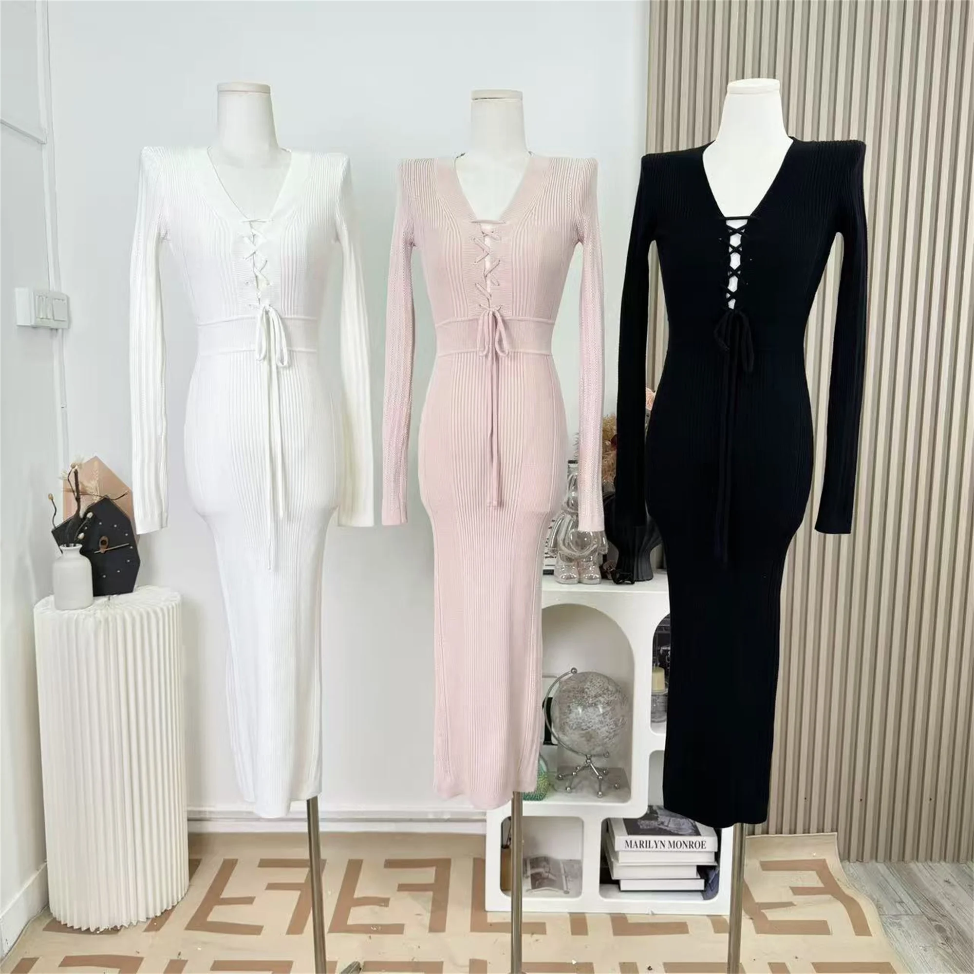 Spring Autumn Sexy V-neck Strap Pencil Sheath Knitted Dress Long Sleeve Party Bodycon Knitted Sweater Long Dresses F676
Spring Autumn Sexy V-neck Strap Pencil Sheath Knitted Dress Long Sleeve Party Bodycon Knitted Sweater Long Dresses F676