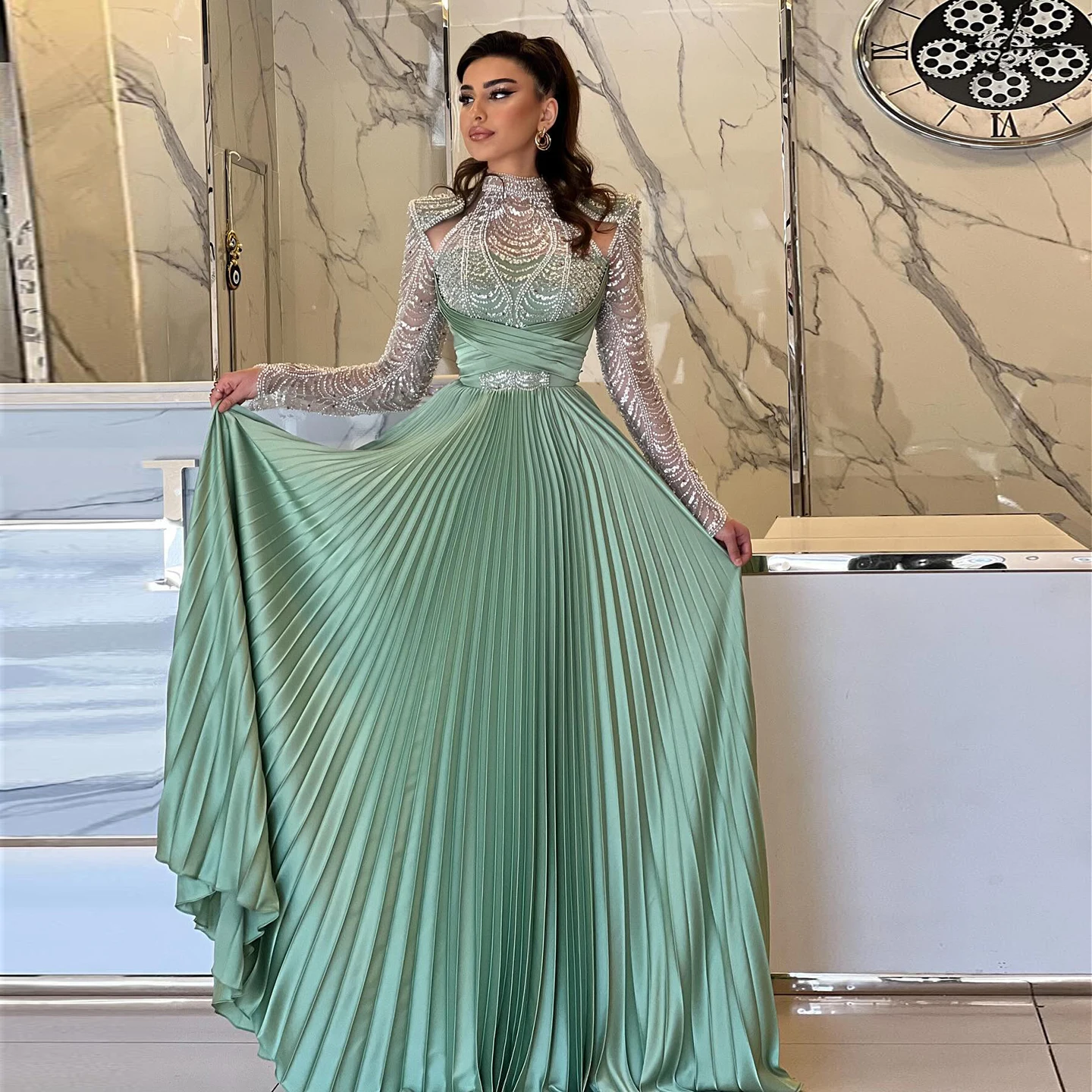 Sharon Said Elegant Mint Green Beaded Pleated Evening Dress with Long Sleeves Dubai Arabic Wedding Party Gowns SS674 Customized
Sharon Said Elegant Mint Green Beaded Pleated Evening Dress with Long Sleeves Dubai Arabic Wedding Party Gowns SS674 Customized