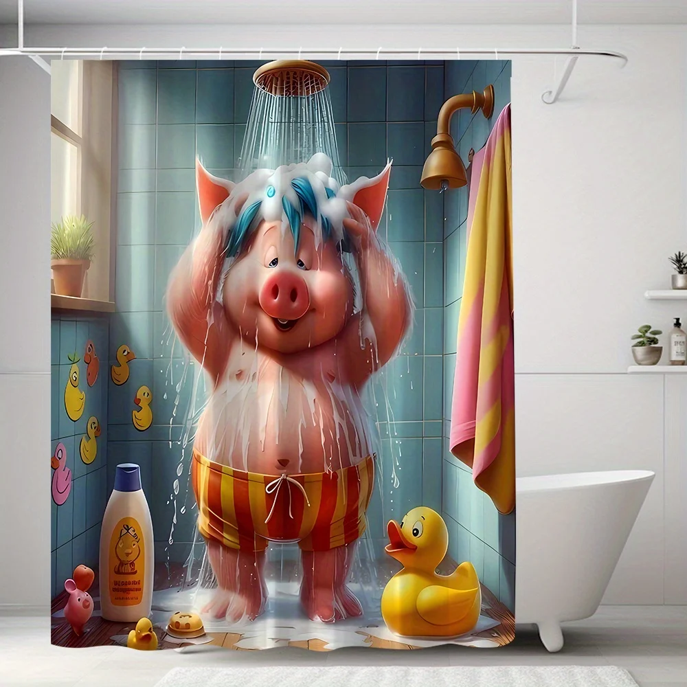 funny pig taking a shower wearing swim trunks shower curtain with rubber duck bathroom tiles design for humorous home decor
funny pig taking a shower wearing swim trunks shower curtain with rubber duck bathroom tiles design for humorous home decor