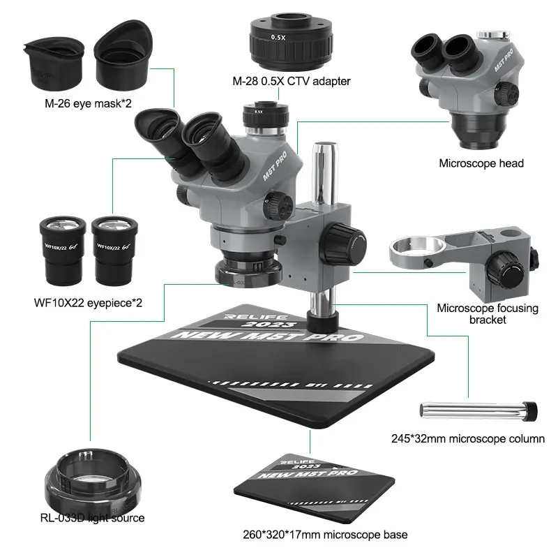 Relife RL-M5T Pro-B11 Trinocular HD Microscope 7-50X Continuous Zoom WIth Big Base ForMobile Phone Repair/Jewelry Identification
Relife RL-M5T Pro-B11 Trinocular HD Microscope 7-50X Continuous Zoom WIth Big Base ForMobile Phone Repair/Jewelry Identification