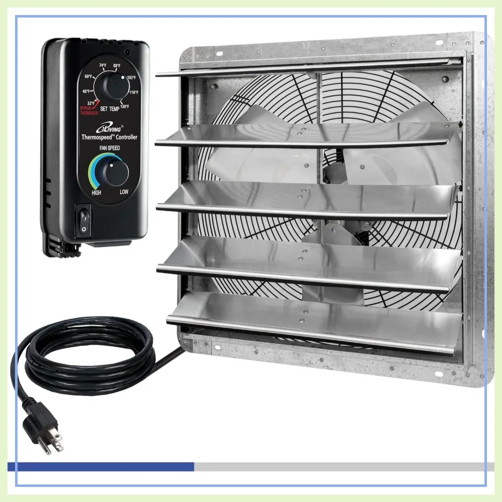 20" Wall Mounted Shutter Exhaust Fan, Automatic Shutter, Thermostat & Variable Speed, 3368 CFM, 5000 SQF Coverage
20" Wall Mounted Shutter Exhaust Fan, Automatic Shutter, Thermostat & Variable Speed, 3368 CFM, 5000 SQF Coverage