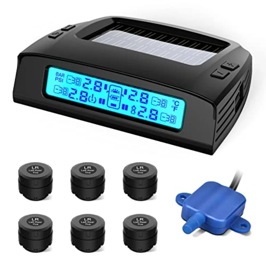 Tire Pressure Monitoring System - Solar Charge RV TPMS 5 Alarm Modes Auto Backlight and Sleep Mode W/Repeater for Longer Distan
Tire Pressure Monitoring System - Solar Charge RV TPMS 5 Alarm Modes Auto Backlight and Sleep Mode W/Repeater for Longer Distan