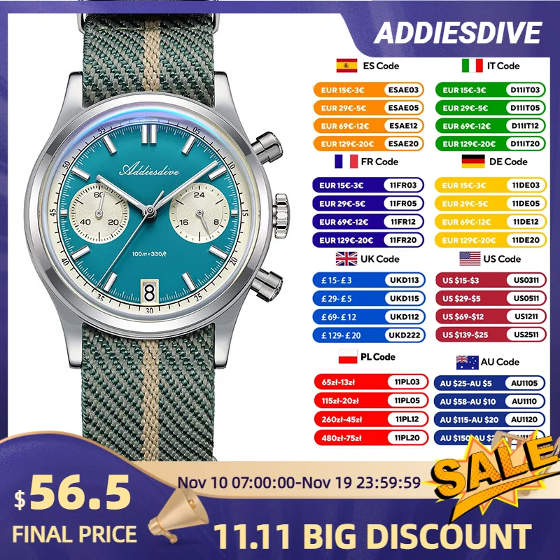 ADDIESDIVE AD2095 Watch of Men 60min Chronograph Quartz Wristwatch Bubble Mirror Glass Luminous Waterproof Men's Watches 38mm
ADDIESDIVE AD2095 Watch of Men 60min Chronograph Quartz Wristwatch Bubble Mirror Glass Luminous Waterproof Men's Watches 38mm