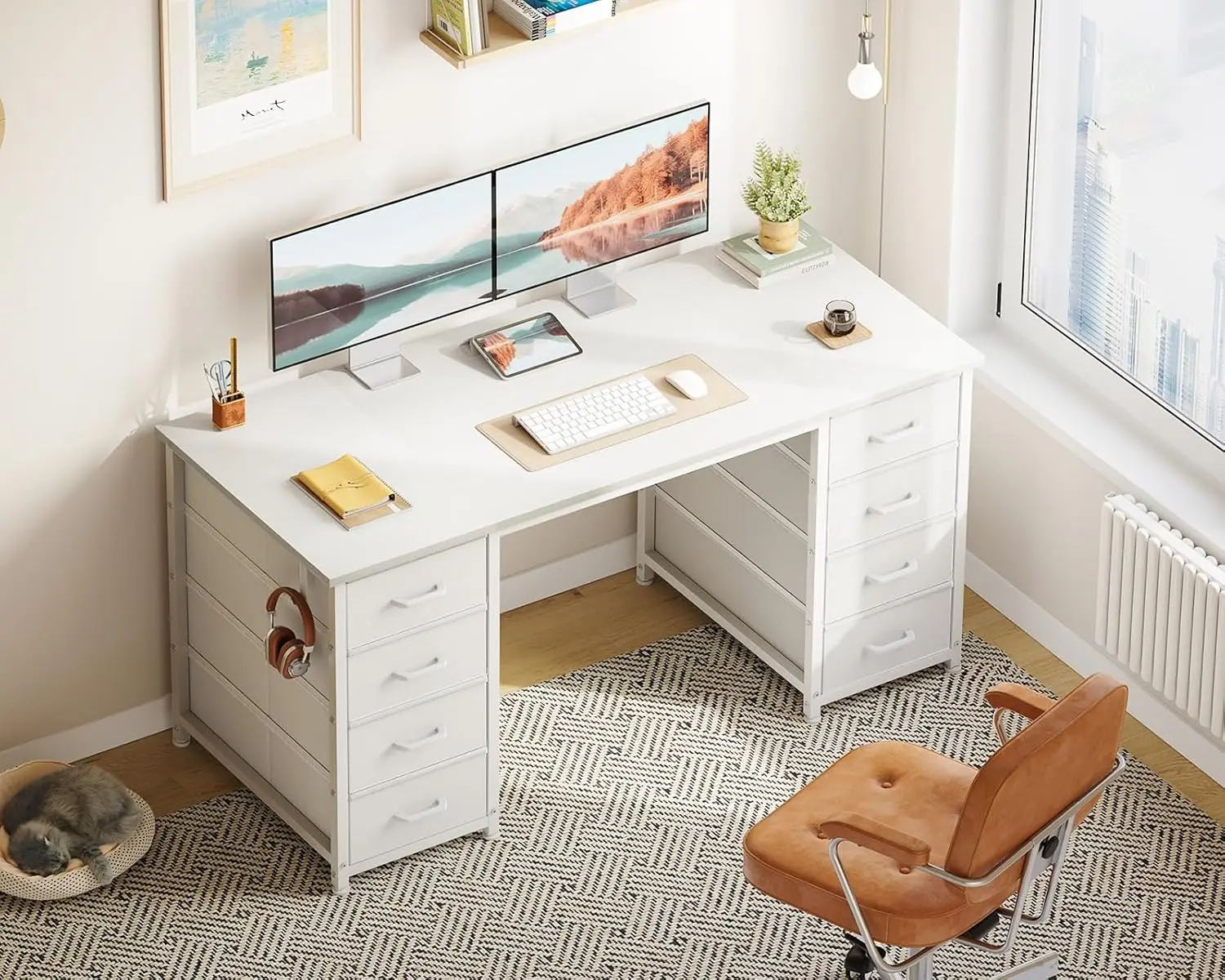 48 Inch White Computer Desk with 8 Fabric Drawers, Modern Office Desk with Large Storage for Home Office, Study,, Customized
48 Inch White Computer Desk with 8 Fabric Drawers, Modern Office Desk with Large Storage for Home Office, Study,, Customized