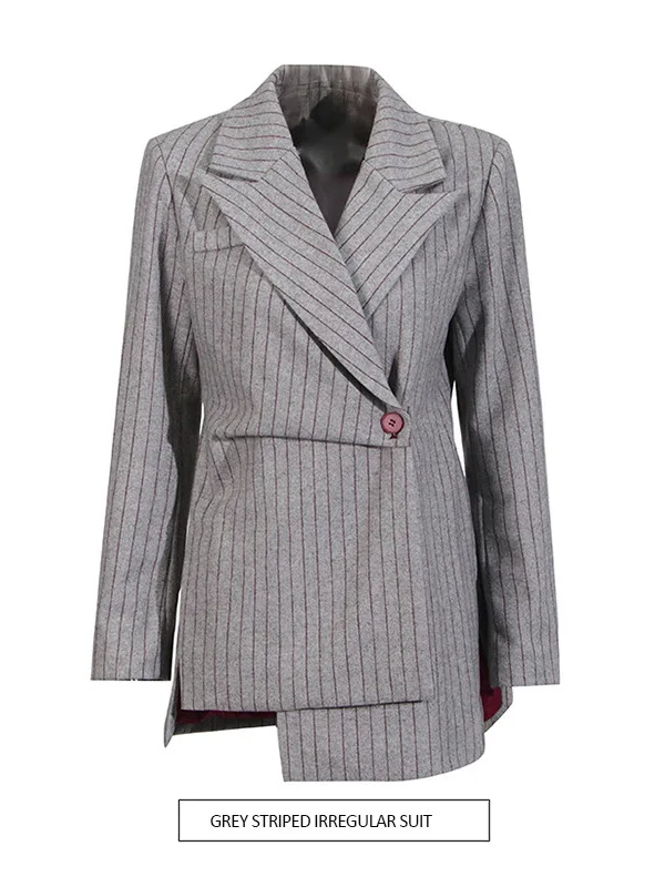 Retro Oversized Mid-Length Asymmetric Grey Striped Suit Jacket Women's Trendy Autumn Winter Style Polyester Fabric
Retro Oversized Mid-Length Asymmetric Grey Striped Suit Jacket Women's Trendy Autumn Winter Style Polyester Fabric