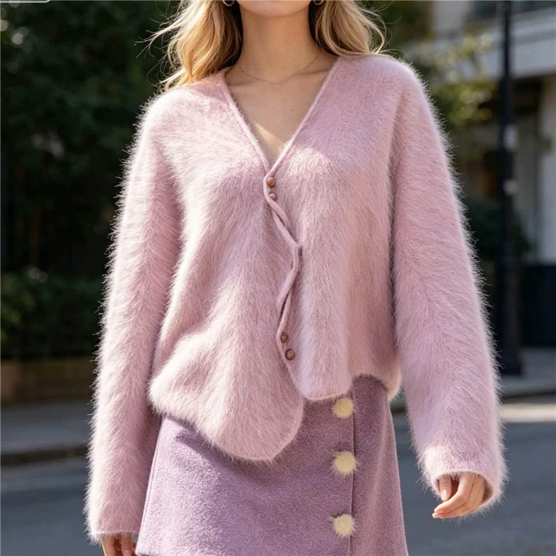 Women Mujer Autumn Winter Clothing Sweet Pink Irregular Mink Cashmere Knitted V-Neck Long Sleeves Loose Cardigans Sweater Jacket
Women Mujer Autumn Winter Clothing Sweet Pink Irregular Mink Cashmere Knitted V-Neck Long Sleeves Loose Cardigans Sweater Jacket