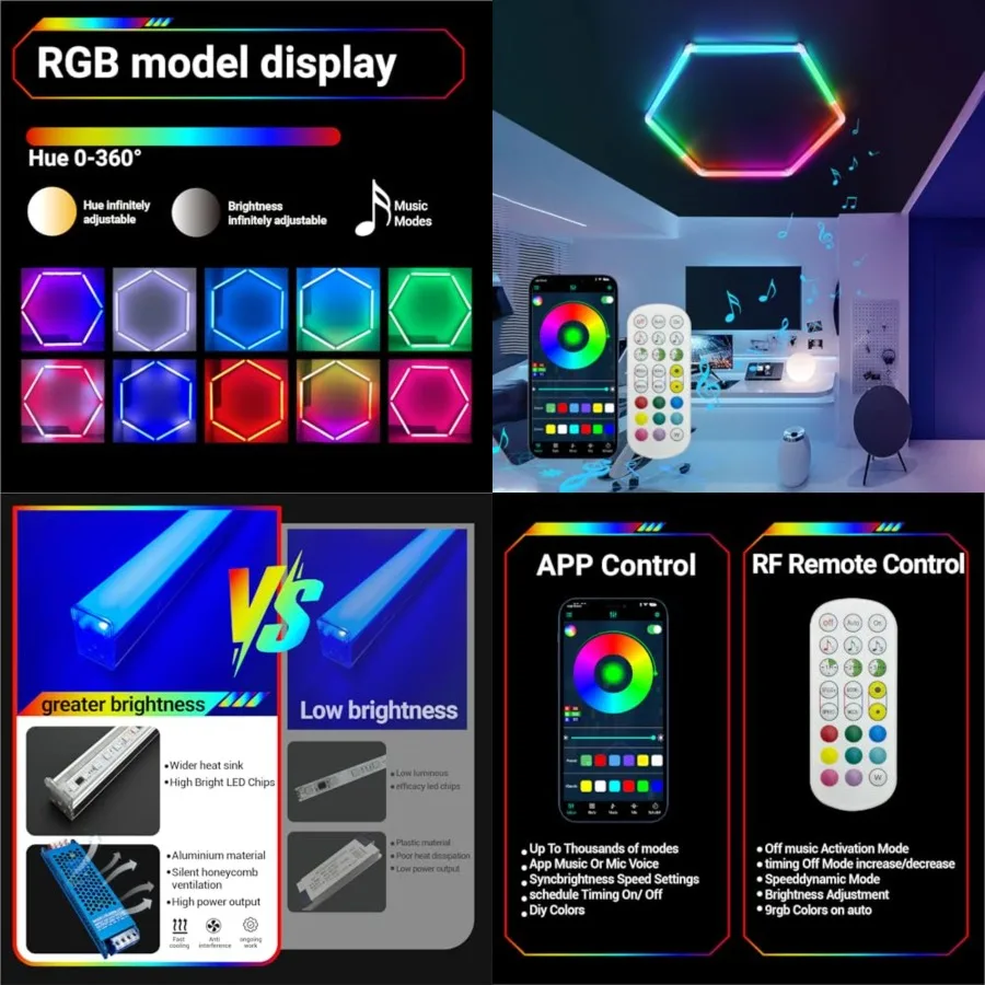 RGB Hexagon Lights, 6 Pack Aluminum LED Garage Ceiling Light with App and Remote Control, 356 Colors Mode/Music Sync, Modular D
RGB Hexagon Lights, 6 Pack Aluminum LED Garage Ceiling Light with App and Remote Control, 356 Colors Mode/Music Sync, Modular D