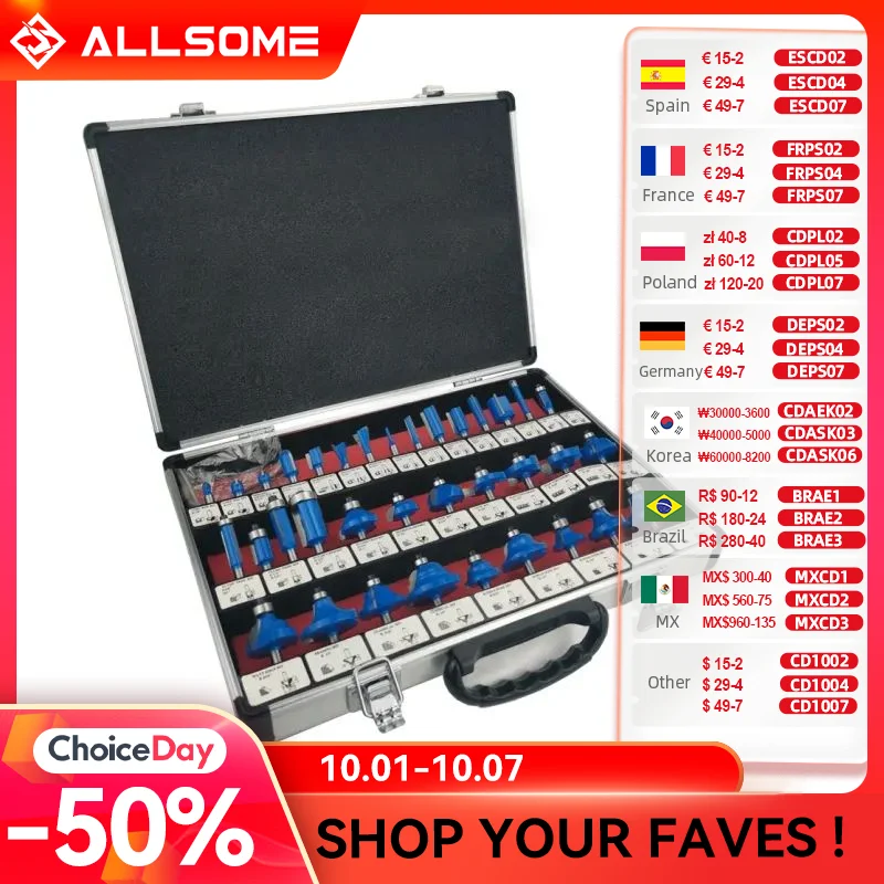 ALLSOME 35pcs 1/4inch Shank Router Bit Set Tungsten Carbide Tip Router Wood Cutter Tool Set Milling Cutters for Woodworking
ALLSOME 35pcs 1/4inch Shank Router Bit Set Tungsten Carbide Tip Router Wood Cutter Tool Set Milling Cutters for Woodworking