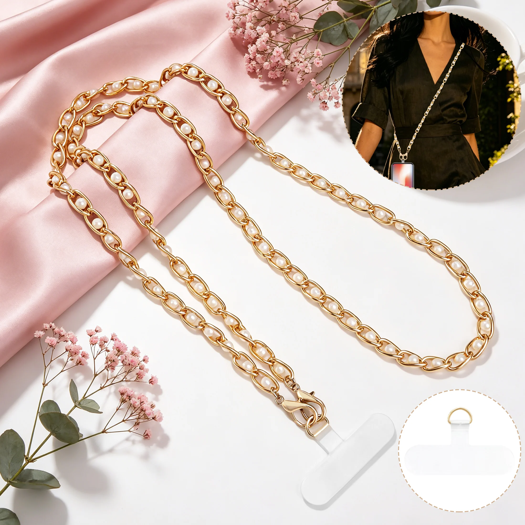Elegant Faux Pearl Beaded Phone Crossbody Strap, Universal Metal Anti-Lost Chain Lanyard With Tether Tab
Elegant Faux Pearl Beaded Phone Crossbody Strap, Universal Metal Anti-Lost Chain Lanyard With Tether Tab