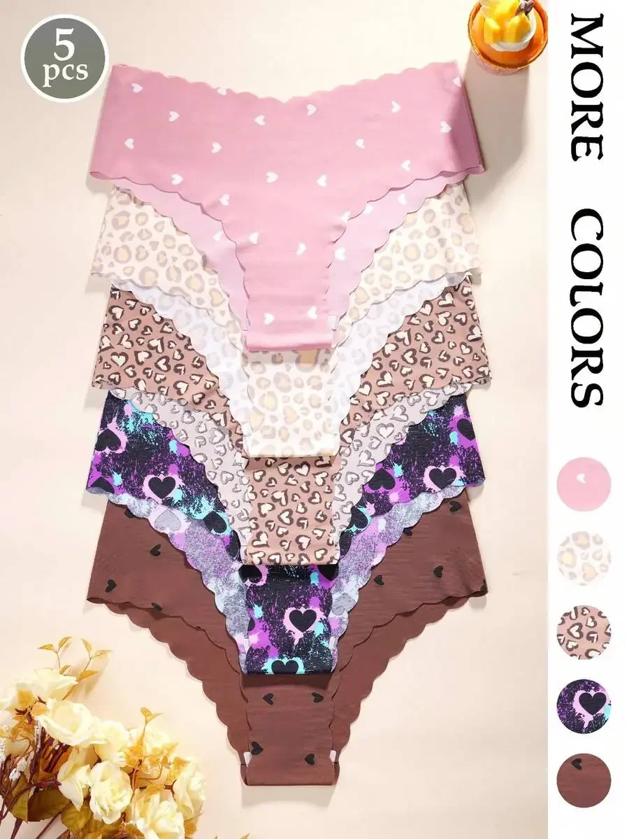 5pcs Leopard And Heart Print Women Seamless Bikini Panties With Ruffled Hem V Waistband
5pcs Leopard And Heart Print Women Seamless Bikini Panties With Ruffled Hem V Waistband