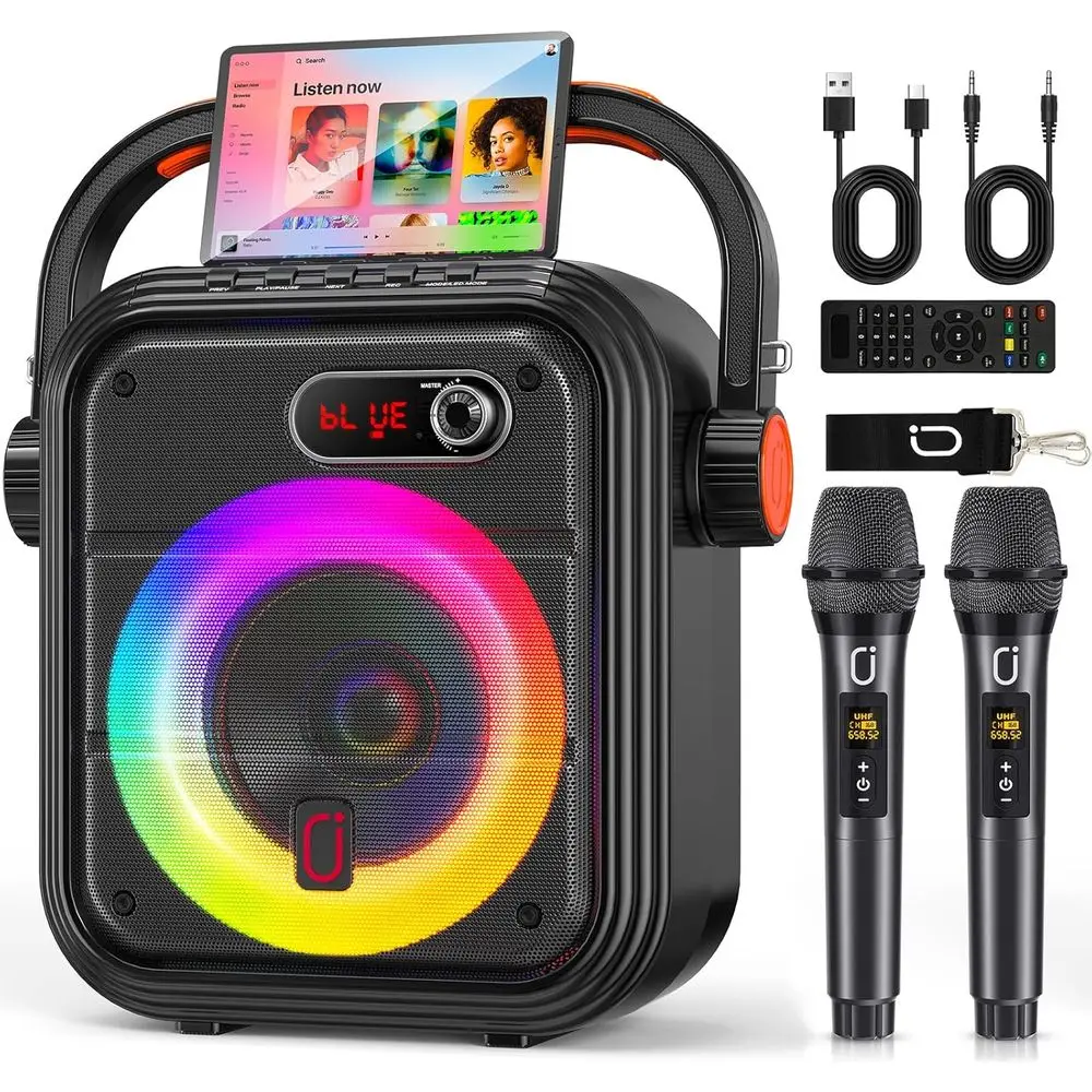 Wireless Karaoke System with 2 Mics, Bluetooth Speaker, RGB Lights, Stereo Pairing for Home and Outdoor Fun
Wireless Karaoke System with 2 Mics, Bluetooth Speaker, RGB Lights, Stereo Pairing for Home and Outdoor Fun