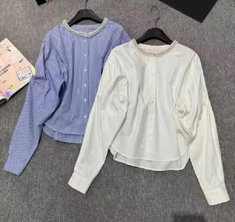 2025 Spring Fashion Striped Shirts High Quality Women Beading Deco Long Sleeve Casual Loose White Blue Cotton Button Shirts
2025 Spring Fashion Striped Shirts High Quality Women Beading Deco Long Sleeve Casual Loose White Blue Cotton Button Shirts