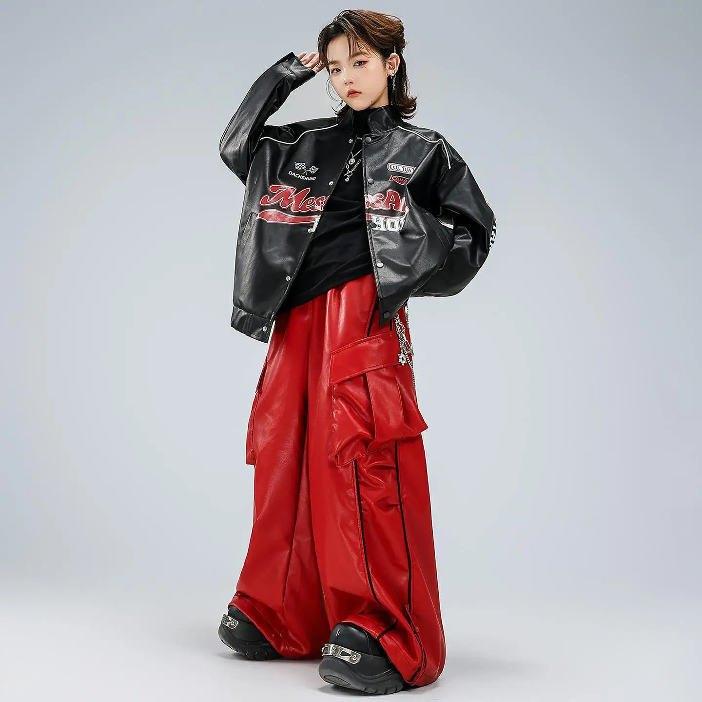 Kid Kpop Hip Hop Clothing Black PU Leather Motorcycle Jacket Red Casual Cargo Pants for Girl Boy Street Dance Costumes Clothes
Kid Kpop Hip Hop Clothing Black PU Leather Motorcycle Jacket Red Casual Cargo Pants for Girl Boy Street Dance Costumes Clothes