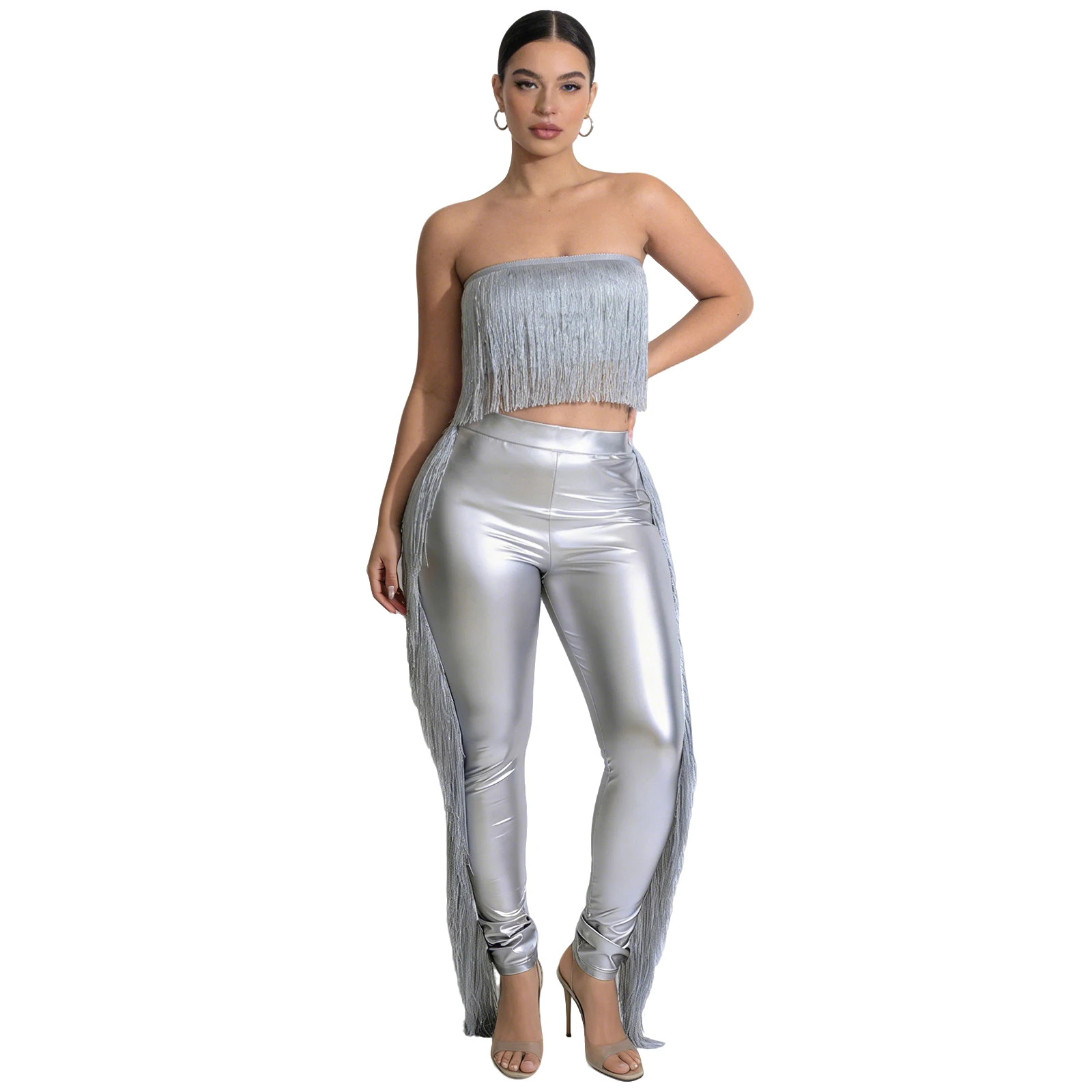 Womens Metallic Shiny Fringed Outfit Strapless Front Tassel Crop Tube Top And High Waist Side Tassel Leggings Pants Stretchy
Womens Metallic Shiny Fringed Outfit Strapless Front Tassel Crop Tube Top And High Waist Side Tassel Leggings Pants Stretchy