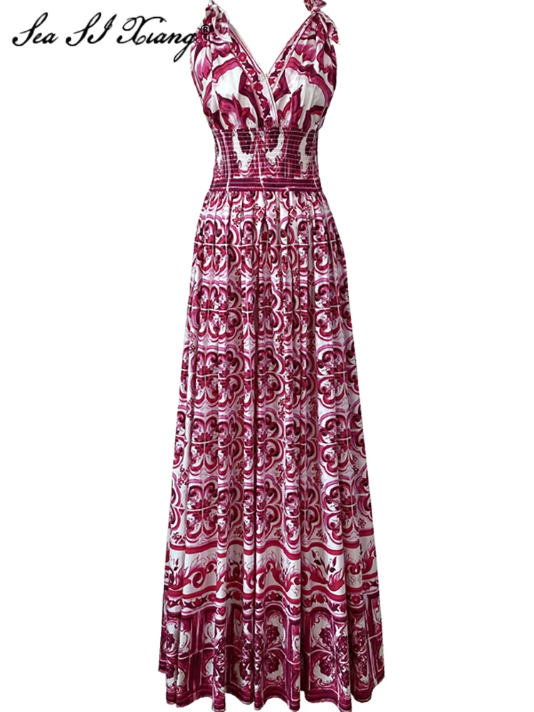 Seasixiang Fashion Designer Summer Cotton Vintage Backless Dress Women's V-Neck Sleeveless Flower Print Elegant Party Long Dress
Seasixiang Fashion Designer Summer Cotton Vintage Backless Dress Women's V-Neck Sleeveless Flower Print Elegant Party Long Dress