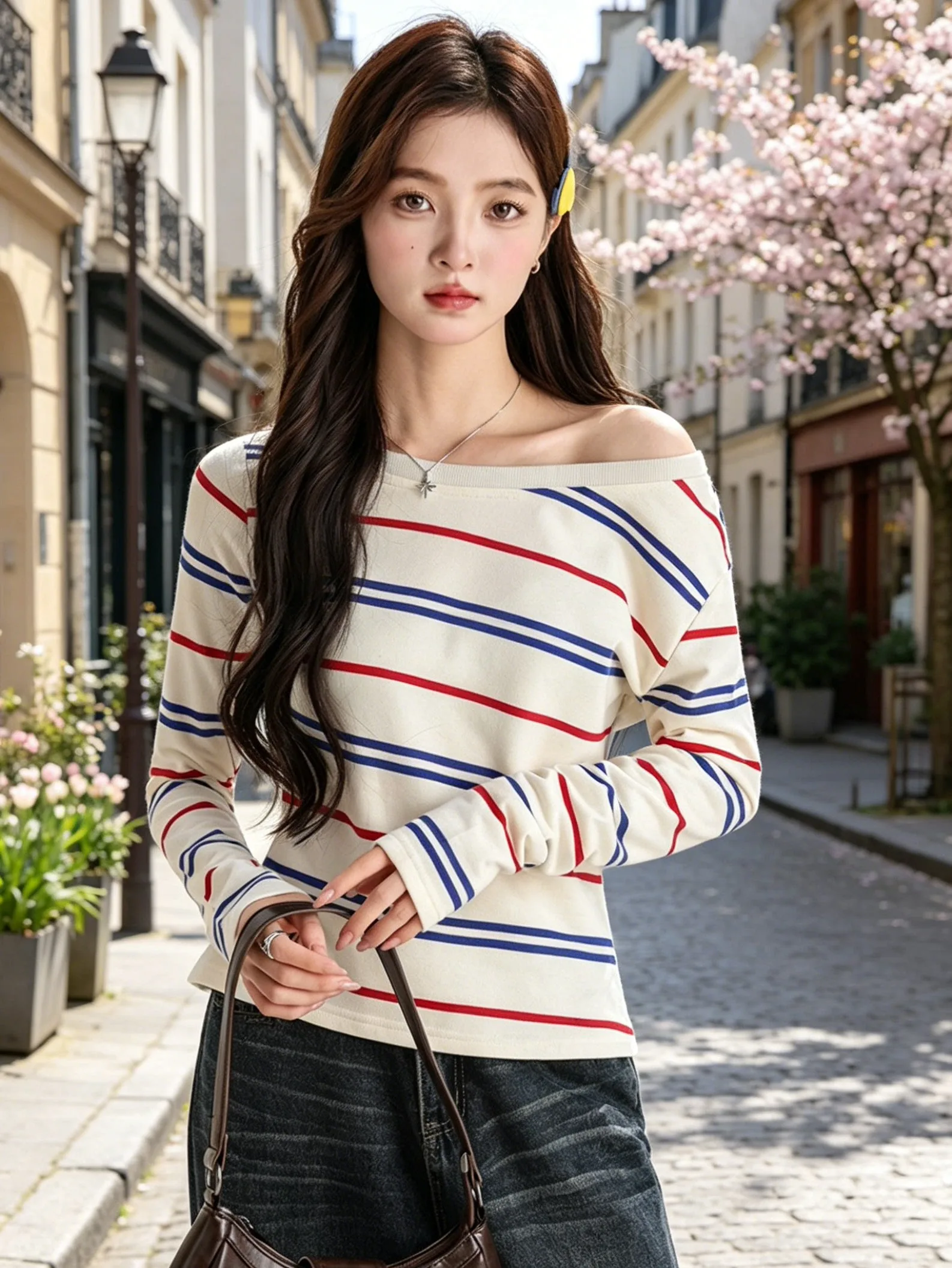 Striped Color Block Long Sleeve Shoulder Bared Loose Women's T-shirt Casual Style Cotton Autumn Winter Fashion Top
Striped Color Block Long Sleeve Shoulder Bared Loose Women's T-shirt Casual Style Cotton Autumn Winter Fashion Top