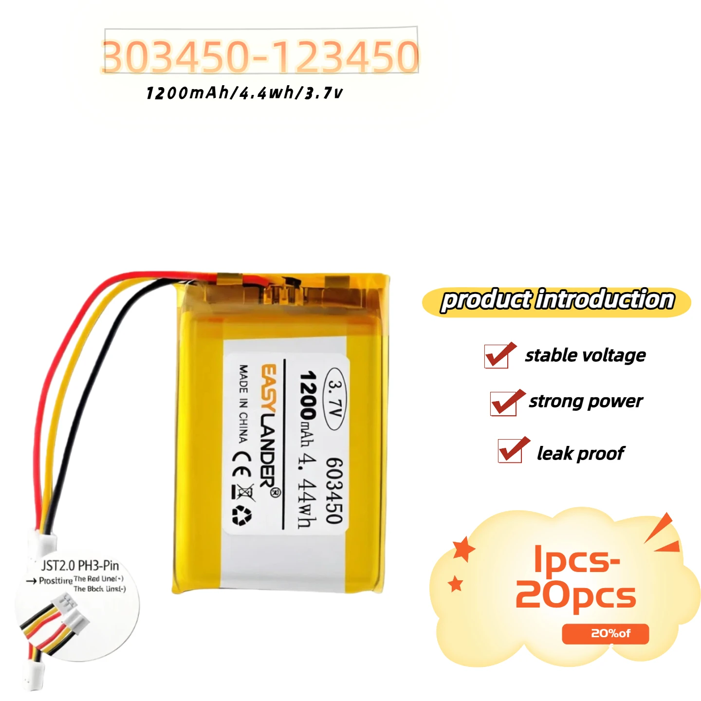 JST2.0mm 3Pin 3.7V 700mAh 303450-123450 Series Lithium Lipo Polymer Battery for Small Electronics
JST2.0mm 3Pin 3.7V 700mAh 303450-123450 Series Lithium Lipo Polymer Battery for Small Electronics