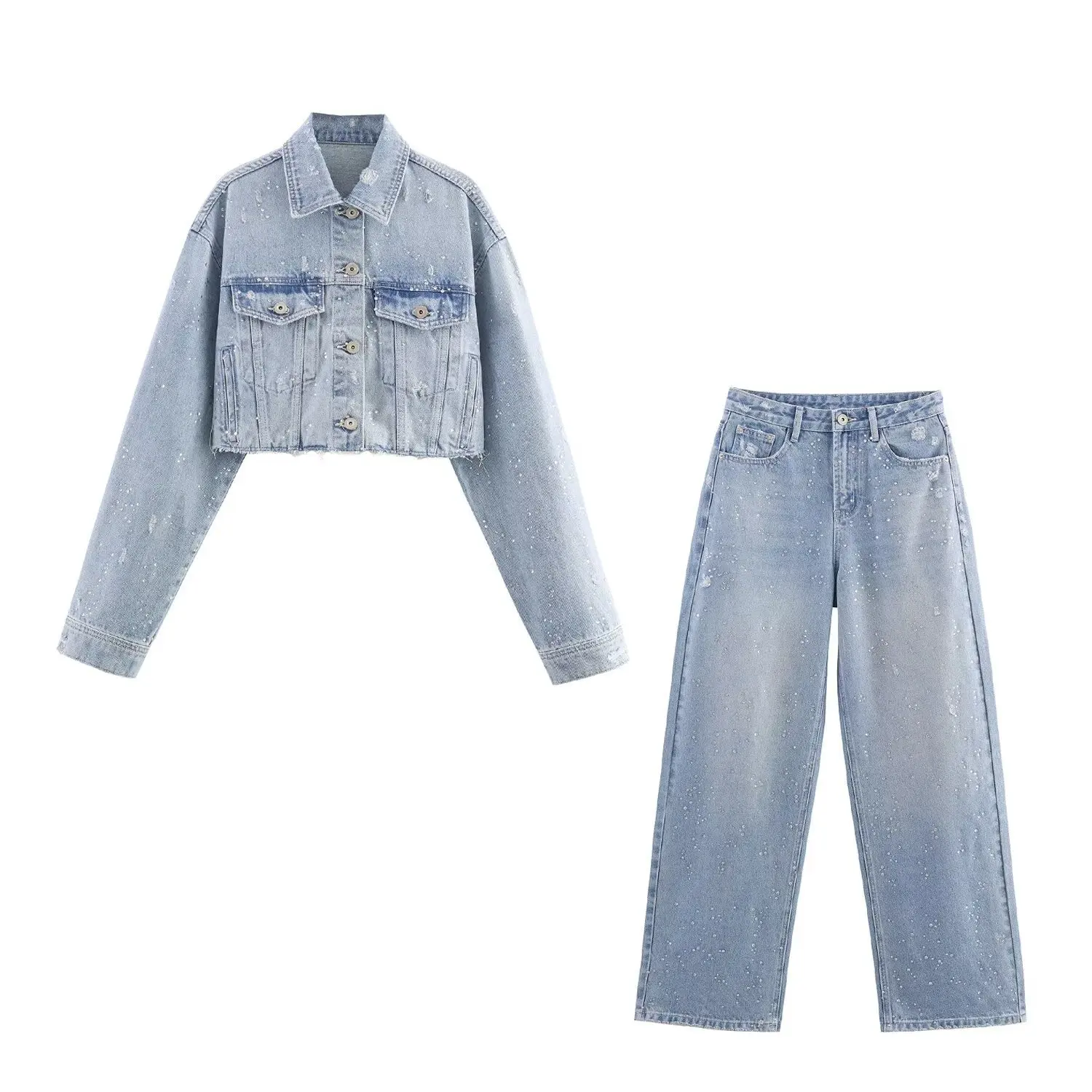 European and American clothing 2025 popular early autumn fashion rhinestone decorated short denim jacket coat jeans suit
European and American clothing 2025 popular early autumn fashion rhinestone decorated short denim jacket coat jeans suit