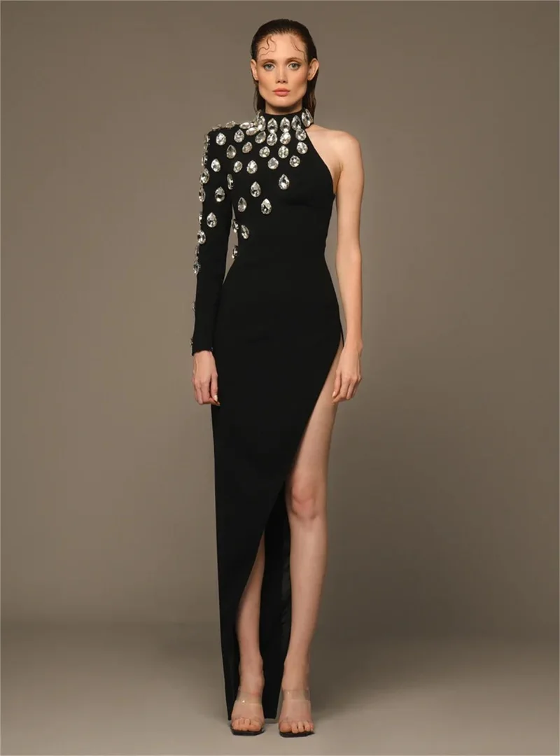 Black Bandgae Prom Party Dress Luxury Crystal Sexy One Shoulder Full Sleeves Side Slit Evening GownRobe De Mariée Vestido
Black Bandgae Prom Party Dress Luxury Crystal Sexy One Shoulder Full Sleeves Side Slit Evening GownRobe De Mariée Vestido