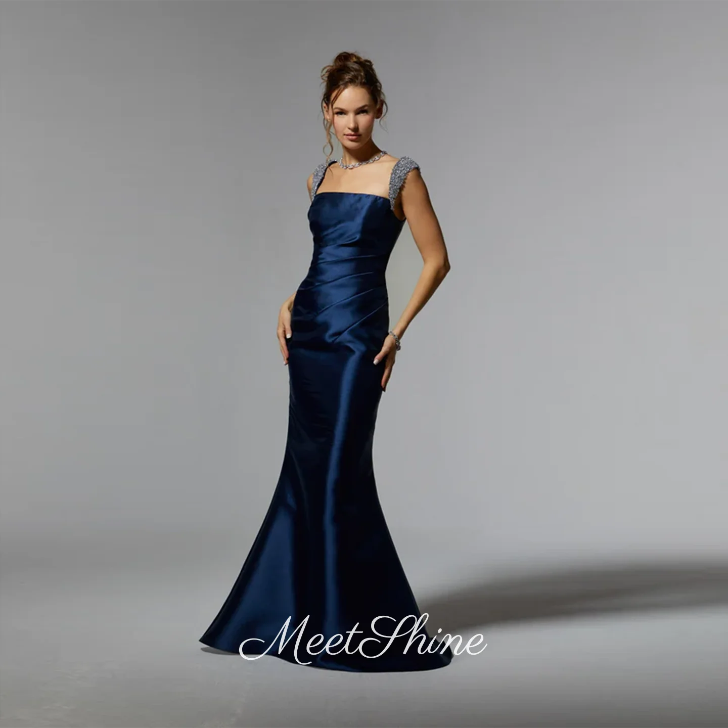 Modern Strapless Mermaid Satin Evening Dress Simple Spaghetti Straps Dark Blue Pleated Formal Wedding Prom Dress Customized
Modern Strapless Mermaid Satin Evening Dress Simple Spaghetti Straps Dark Blue Pleated Formal Wedding Prom Dress Customized