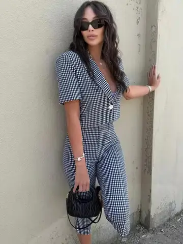 Fashion Slim Plaid Pants Suit Women 2026 Summer Autumn Gingham Short Blazer+High Waist Capri Pants Ladies Office Outfits Set