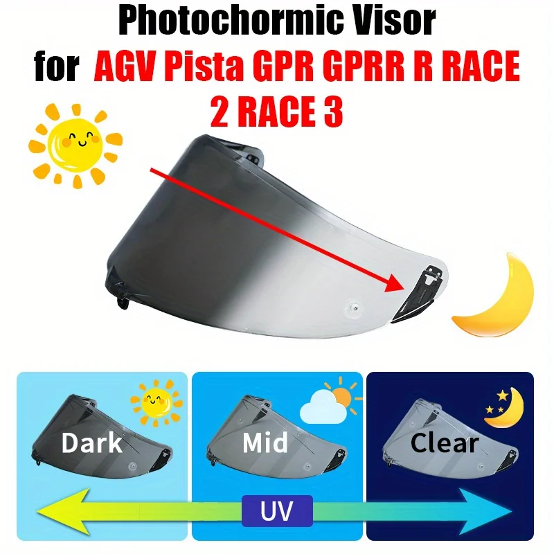 Фотохромный козырек для AGV Pista GPR GPRR RACE 2 RACE 3, защитные линзы, анфас, Viseira Capacete, детали гоночного шлема
Фотохромный козырек для AGV Pista GPR GPRR RACE 2 RACE 3, защитные линзы, анфас, Viseira Capacete, детали гоночного шлема